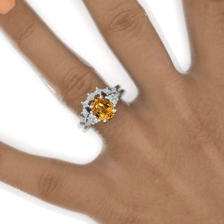 2 Carat Oval Genuine Yellow Citrine Halo Vintage Engagement Ring, Eternity Ring Set Model 789-9x7