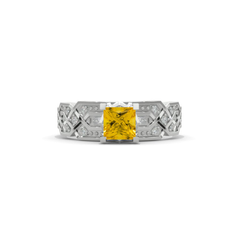 1.0 Carat Princess Cut Genuine Yellow Citrine Engagement Ring I 14K White Gold Model-adr