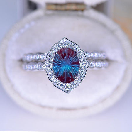 14K Solid Gold Ring 1.5CT Oval Fireworks Cut Alexandrite Wedding Ring Alexandrite Halo Engagement Ring Anniversary Promise Eternity Gold Ring Set
