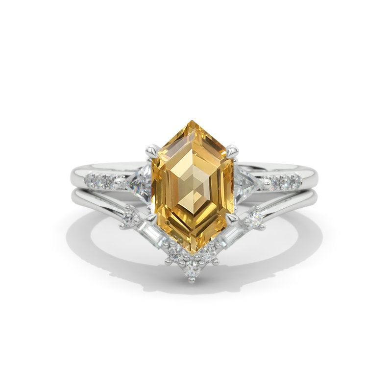 14K White Gold 3 Carat Hexagon Genuine Yellow Citrine Halo Engagement Ring, Eternity Ring Set Model 145-10x6