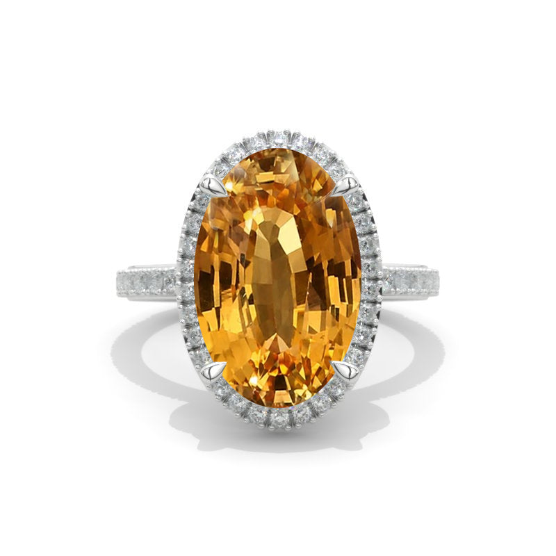 14K White Gold Oval Genuine Yellow Citrine Halo Cocktail Ring Model 405