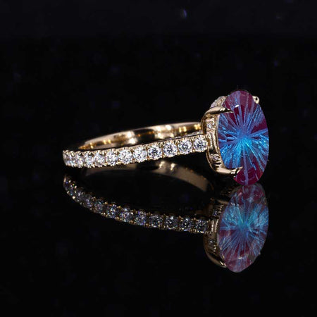 3 Carat Oval Fireworks Cut Alexandrite Bezel Set Engagement Ring