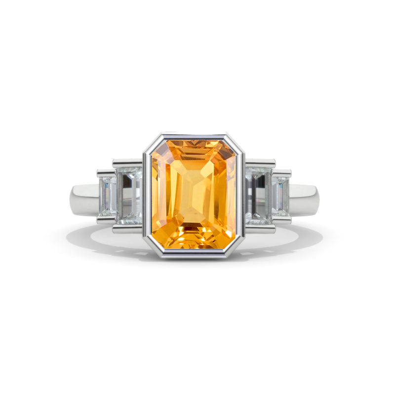 3 Carat Emerald Cut Bezel Set Genuine Yellow Citrine Five-Stone Engagement Ring Model 853-9x7mm