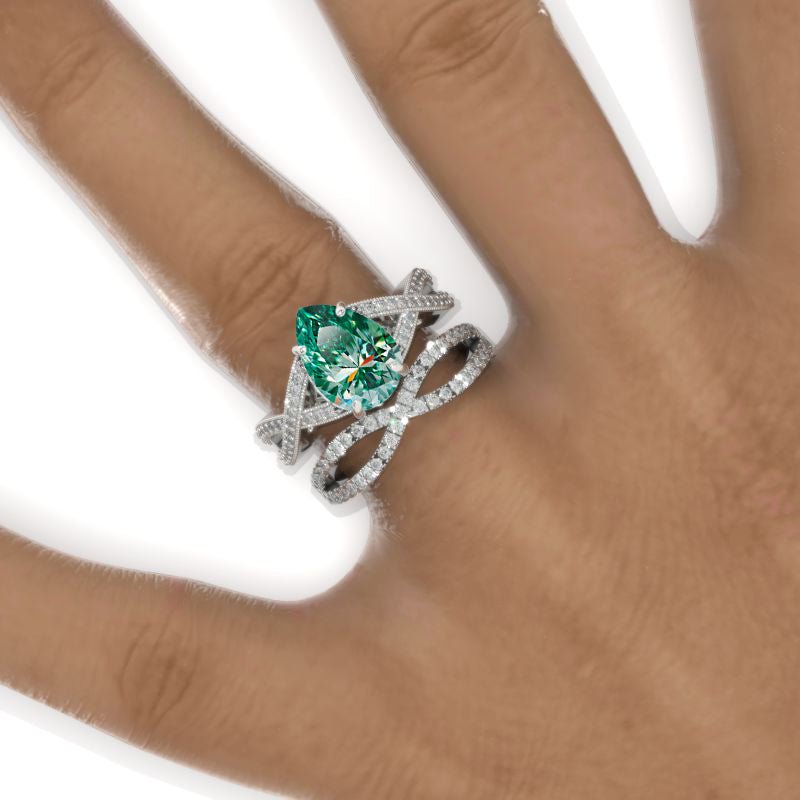 3 Carat Pear Green Moissanite Halo Twisted Engagement Ring 14K White Gold Ring Set