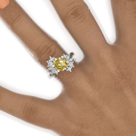 3 Carat Hexagon Yellow Sapphire Cluster 14K White Gold Engagement Ring Model 865-8x7
