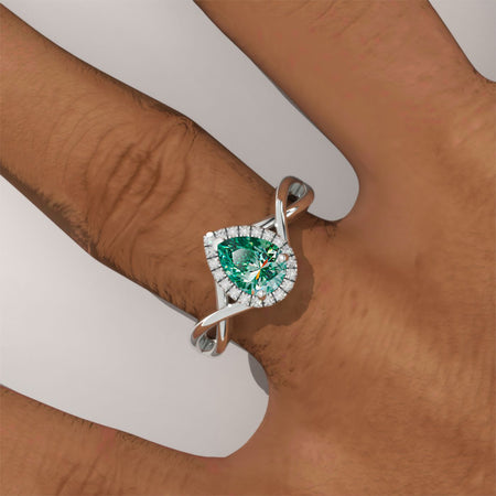 14K White Gold 0.8 Carat Pear Green Moissanite Halo Engagement Ring Model 156