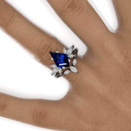 2.5 Carat Kite Royal Blue Sapphire Engagement Ring. 2.5CT Fancy Shield Shape Black Gold Ring Set Model 735-12x8