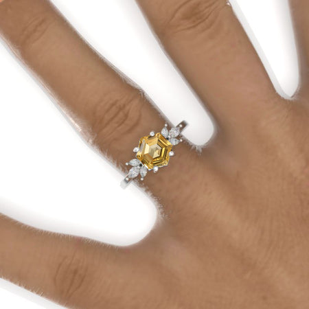 3 Carat Hexagon Genuine Yellow Citrine Cluster Engagement Ring Model 905-8x7