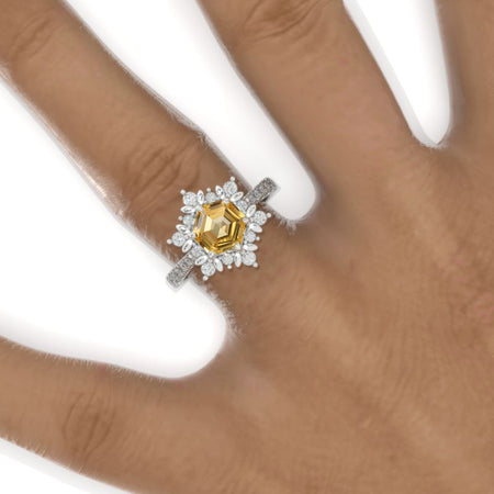 3 Carat Hexagon Genuine Yellow Citrine Snowflake Halo 14K White Gold Engagement Ring Model 914-8