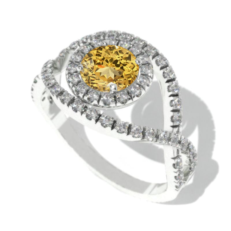 1.0 Carat Genuine Yellow Citrine Halo Engagement Ring 14K White Gold