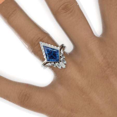 2.5 Carat Kite Fantasy Cut Alexandrite Halo Engagement Ring Set. 2.5CT Fancy Kite Shape Fantasy Cut Alexandrite Ring Set