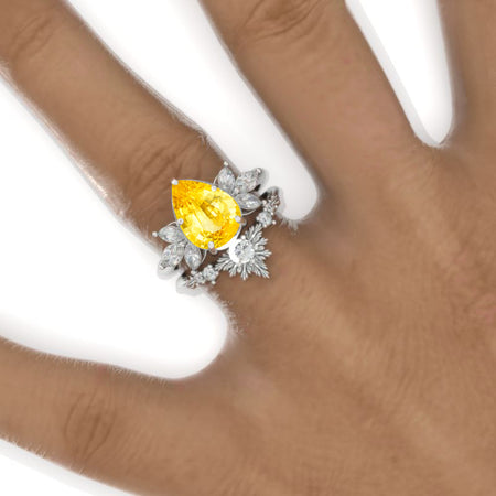 3 Carat Pear Yellow Sapphire Halo Floral  Engagement Ring 14K White Gold Ring Set Model 964-11x7mm