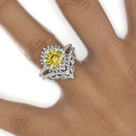 14K White Gold 2 Carat Round Yellow Sapphire Six Pronds Halo Engagement Ring V- Band Eternity Ring Set Model-842