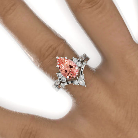 3 Carat Pear Peach Sapphire Halo 14K White Gold Engagement Eternity Ring Set Model 905