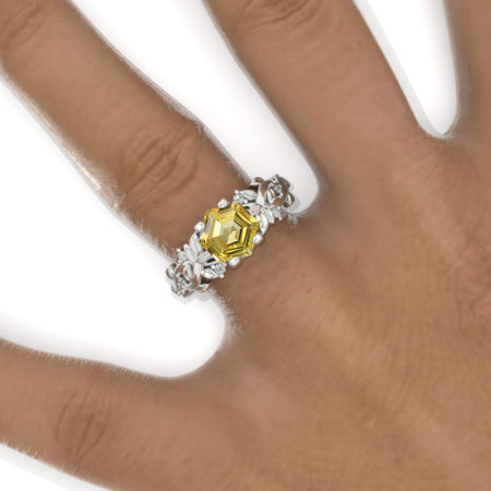 3 Carat Hexagon Yellow Sapphire Floral 14K White Gold Engagement Ring Model 821-8x7