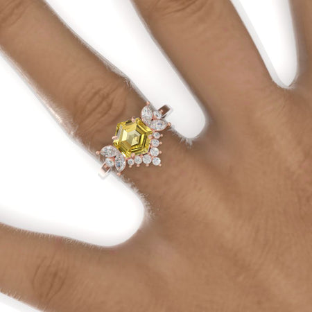 3 Carat Hexagon Yellow Sapphire Cluster Halo 14K White Gold Engagement Ring Model 911-8x7 hex