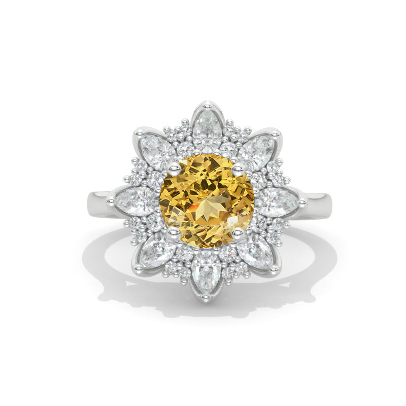 2 Carat Genuine Yellow Citrine Halo Floral Sunflower Gold Engagement Ring Model 1025