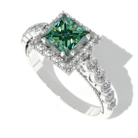 Princess Cut Green Moissanite Halo Engagement Ring