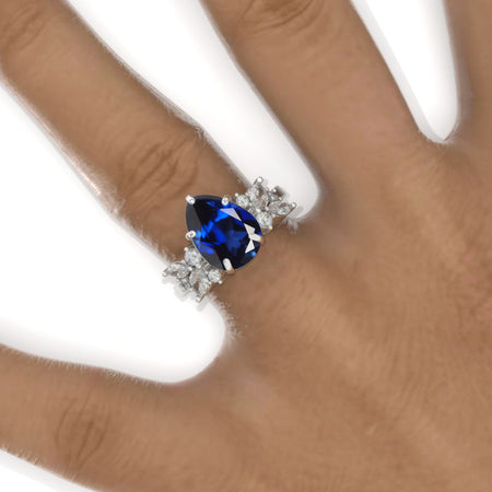 3 Carat Pear Royal Blue Sapphire Cluster 14K White Gold Engagement Eternity Ring