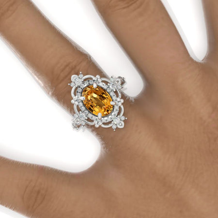 3 Carat Oval GenuineYellow Citrine Halo Engagement Ring 14K White Gold Ring Model 982-10x7mm