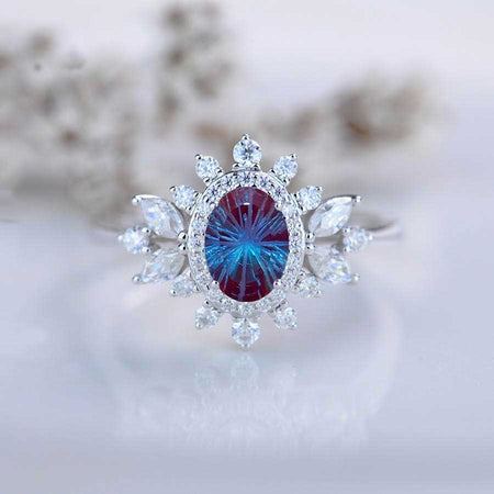 14K White Gold 1.5 Carat Oval Fireworks Cut Alexandrite Snowflake Halo Engagement Ring
