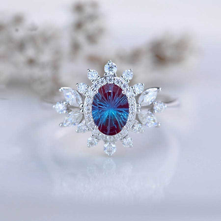 14K White Gold 1.5 Carat Oval Snowflake Fireworks Cut Alexandrite Halo Engagement Ring