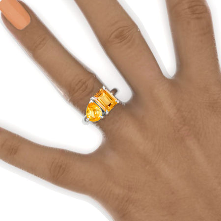 3 Carat Emerald Cut with Pear Cut Paired Genuine Yellow Citrine Two-Stone North-South Engagement Ring Model 761-9x7mm