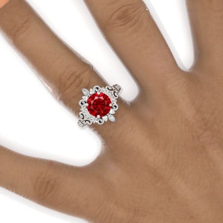 2 Carat Flowers Halo Vintage Style Ruby Engagement Ring 14K White Gold