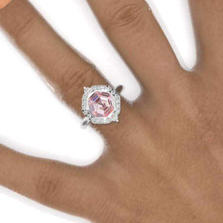 3 Carat Octagon Cut Peach Sapphire Halo 14K White Gold Engagement Ring Model 930-8