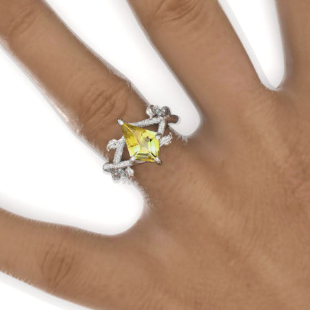 2.5 Carat Kite Genuine Yellow Citrine Twig Floral 14K White Gold Engagement Ring Model 925-12x8
