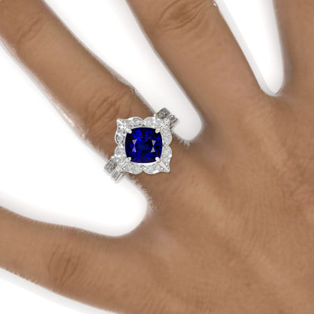 3 Carat Cushion Royal Blue Sapphire Halo 14K White Gold Engagement Ring, Eternity Ring Set