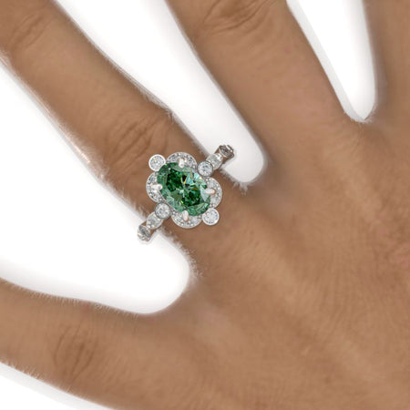 2 Carat Oval Green Moissanite Vintage Setting White Gold Engagement Ring Model 976