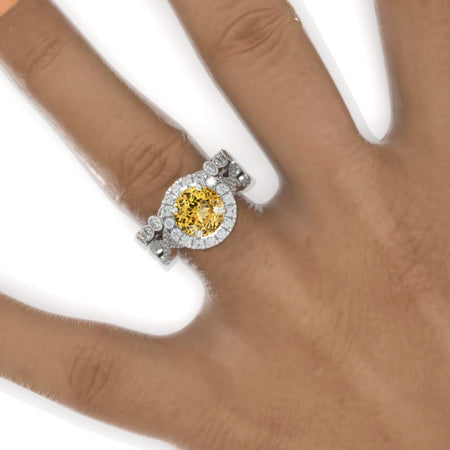 2 Carat Round Genuine Yellow Citrine Halo Twisted Shank Engagement Ring, Eternity Ring Set Model 940