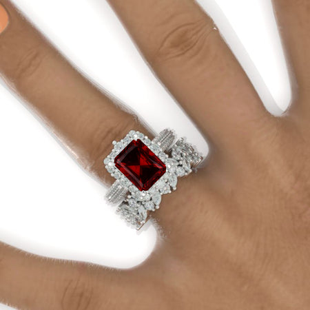 5 Carat Ruby Engagement Ring Halo Radiant Cut Ruby Engagement Ring, 11x9mm Radiant Cut Ruby Engagement Ring with Eternity Band