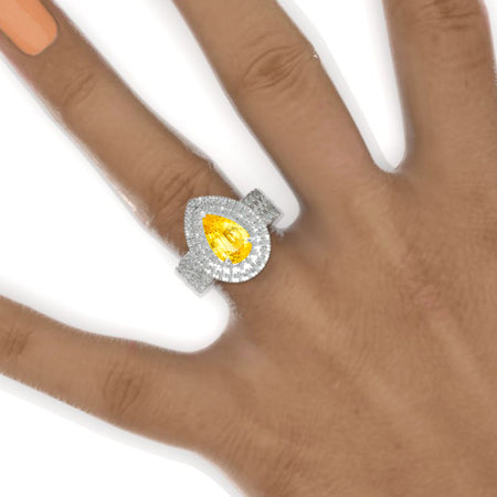 3 Carat Pear Cut Yellow Sapphire Double Diamond Halo Engagement Ring Model 874-11x7