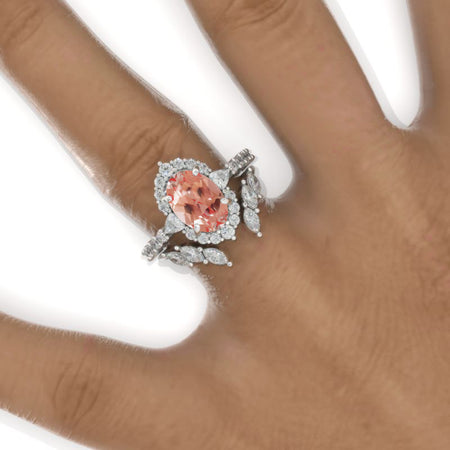 3 Carat Oval Peach Sapphire Halo Engagement Ring Eternity Ring Set Model 980-10x7