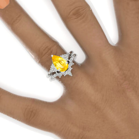 3 Carat Pear Halo Yellow Sapphire Engagement 14K White Gold  Ring Eternity Ring Set Model 875-11x7