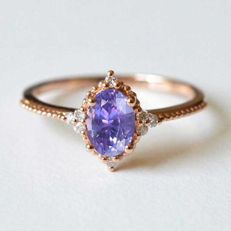 14K Solid Rose Gold Ring 2CT Oval Halo Purple Sapphire Wedding Ring Stone Engagement Ring Anniversary Ring