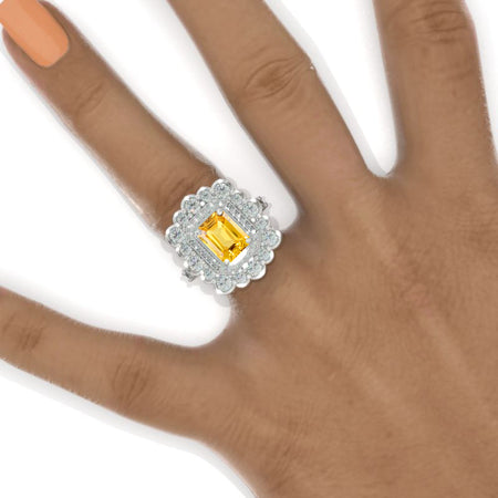 3 Carat Emerald Cut Yellow Sapphire Art Deco Halo 14K White Gold Engagement Ring Model 1359