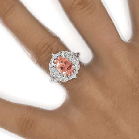 2 Carat Oval Peach Sapphire Floral Leaves Setting White Gold Engagement Ring Model 975