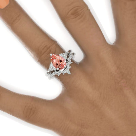 3 Carat Peach Sapphire  Pear Halo Engagement 14K White Gold  Ring Eternity Ring Set Model 875-11x7