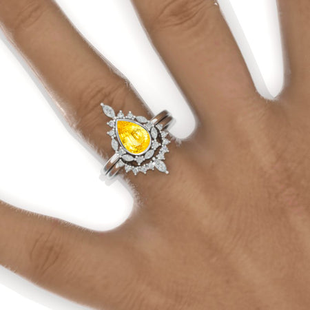 14K White Gold 1.9 Carat Pear Yellow Sapphire Halo Engagement Ring Eternity Ring Set Model 402