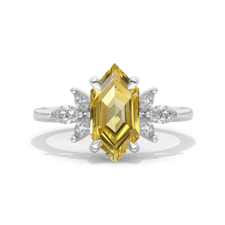 14K White Gold 3 Carat Hexagon Yellow Sapphire Cluster Engagement Ring Model 866-10x6
