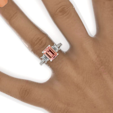 3 Carat Emerald Tri-Stone Peach Sapphire Engagement Ring 14K White Gold Ring Model 869-9x7