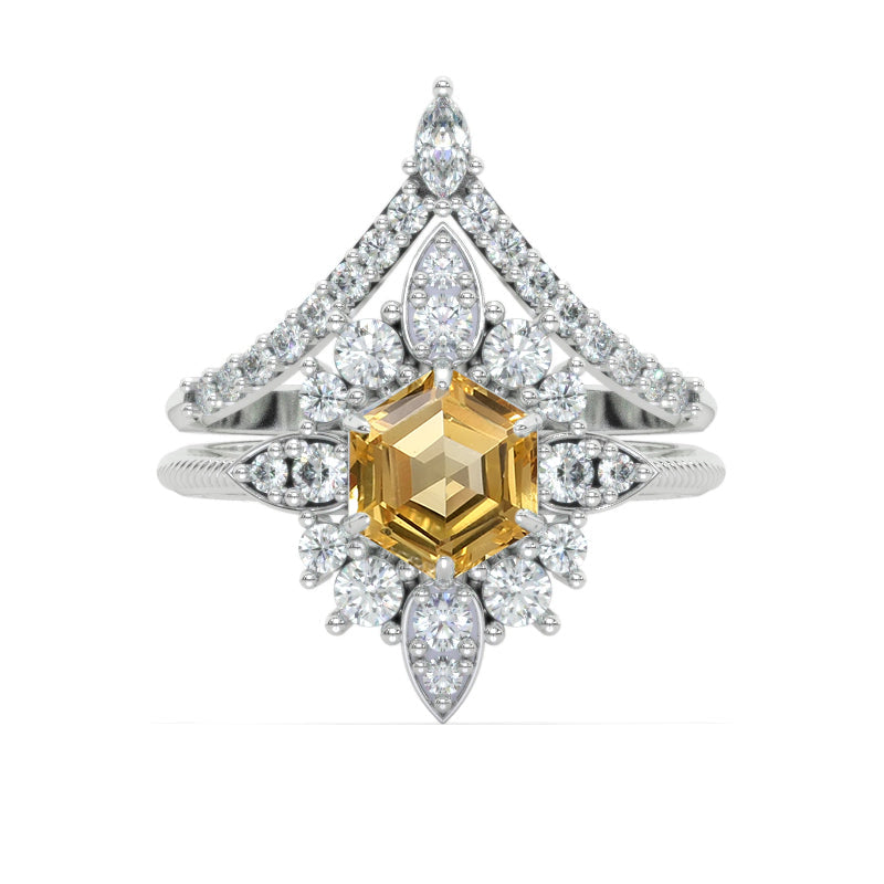 3 Carat Hexagon Celtic Set Genuine Yellow Citrine Halo 14K White Gold Engagement V-Band Ring Set Model 1160-8x7