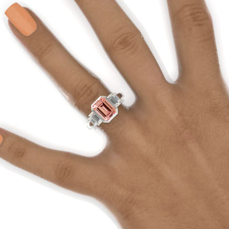 3 Carat Emerald Cut Bezel Set Peach Sapphire Five-Stone  Engagement Ring Model 853-9x7mm