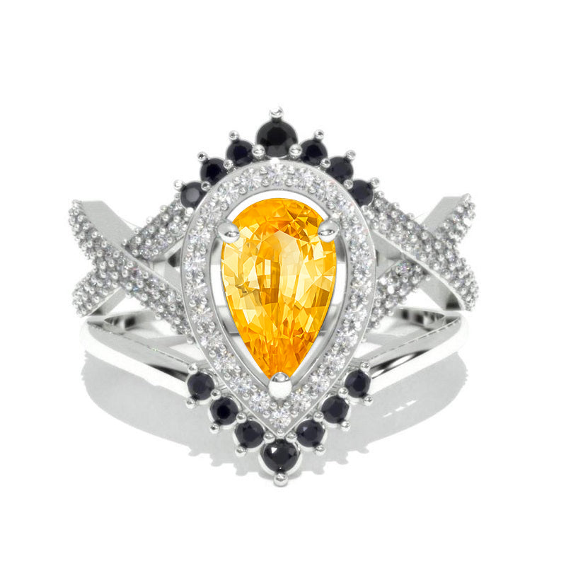 14K Solid Gold Ring 1.5CT Pear Genuine Yellow Citrine Halo Engagement Ring. Vintage Anniversary Eternity Gold Ring Set. Model 152-8x6