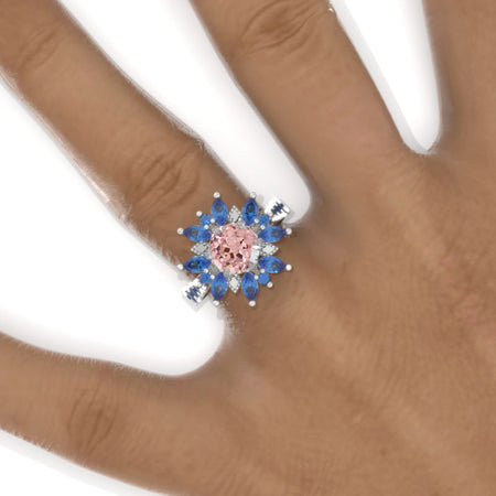 2 Carat Round Snowflake Peach Sapphire  Floral Sapphire Halo Engagement Ring Model 1131