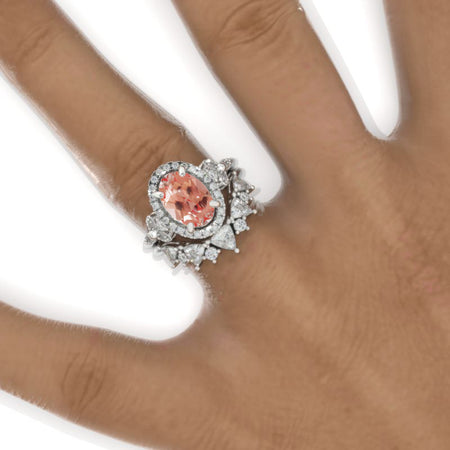 2 Carat Oval Peach Sapphire Halo Floral Engagement Ring Eternity Ring Set Model 973