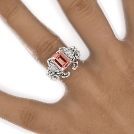 3 Carat Emerald Halo Peach Sapphire Twisted Shank  White Gold Engagement Ring Set Model 1101